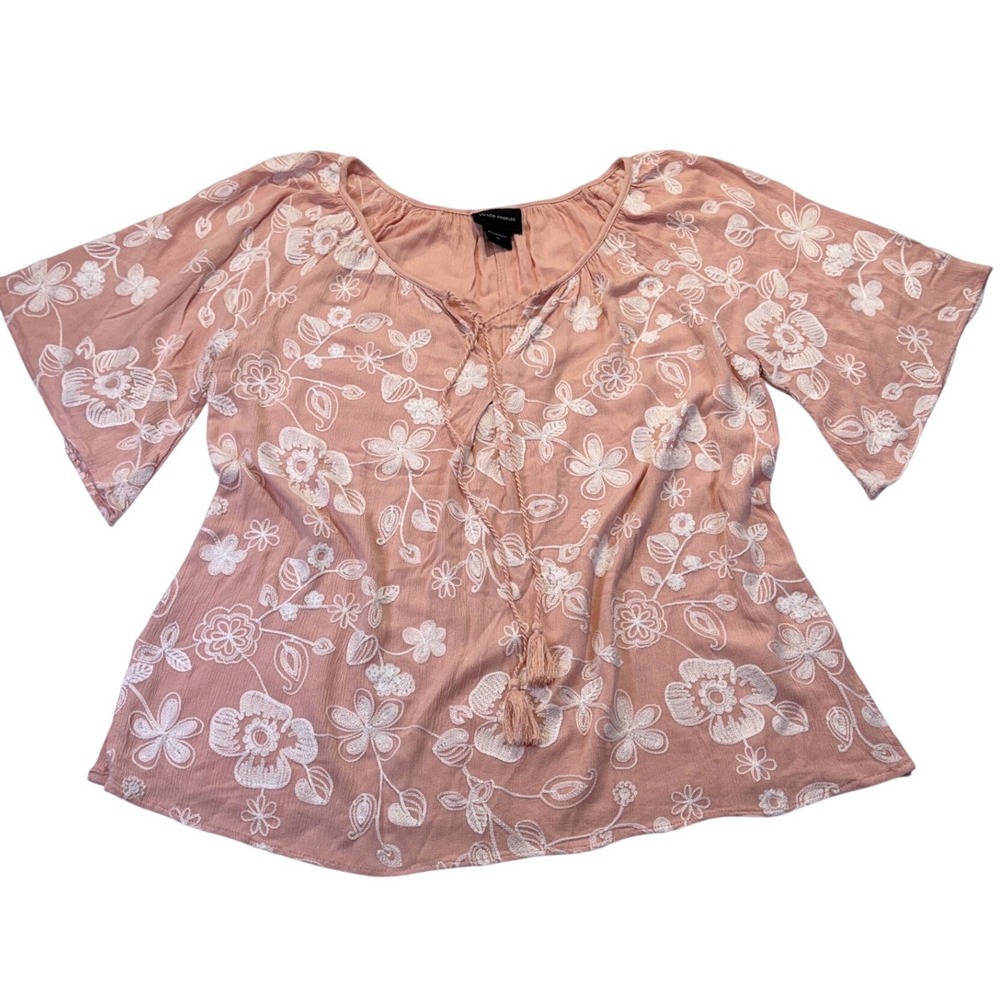 Liv Los Angeles Pink Floral Embroidered Peasant Blouse Tassel Tie XL 1127B8
